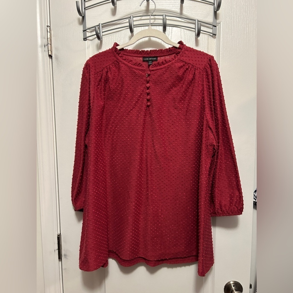 Lane Bryant Swiss dot blouse burgundy women’s 18/20 plus size 3/4‎ sleeve